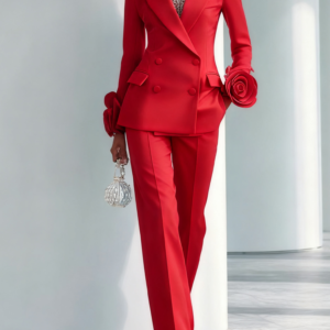 Women’s Red 3D Floral Lapel Collar Long Sleeve Dressy Blazer With Pants Two-Piece Set
