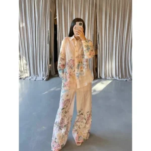 Women’s Retro Boho Floral Printed Loose Cotton Linen T-Shirt & Wide Leg Pants Set