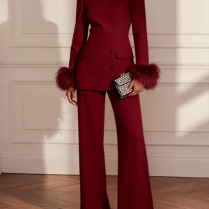 Women’s Wine Red Buckle Feather-Trimmed Crew Neck Long Sleeve Dressy Top with Pants Two-Piece Set